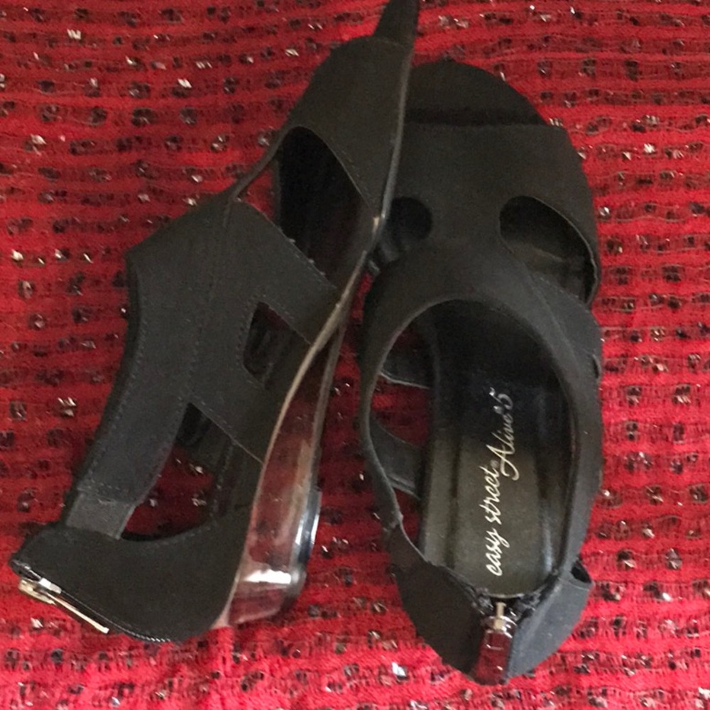 Clear wedge black micro suede sandals. NWOT.